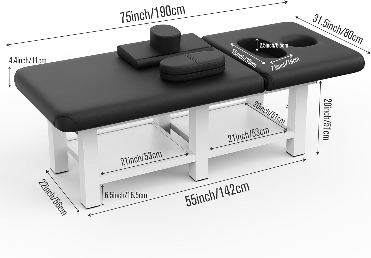 Stationary Massage Table, 75”L 31.5''W Heavy Duty Height Adjustable Esthetician Bed w/Facial Cradle, 800LBS Metal Frame
