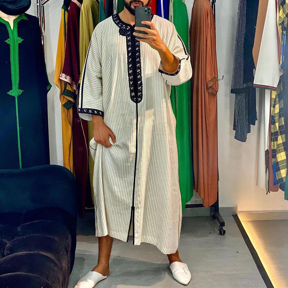 Männer islamische arabische Patchwork gestreifte Stickerei eid muslimische lange Robe Jubba lässig lose Abayas 2024 Marokko Dubai Jalabiya