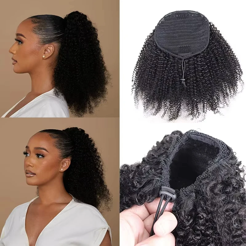 Afro kinky encaracolado cordão rabo de cavalo cabelo humano natural extensão rabo de cavalo 12a brasileiro virgem cabelo humano rabo de cavalo natural blac
