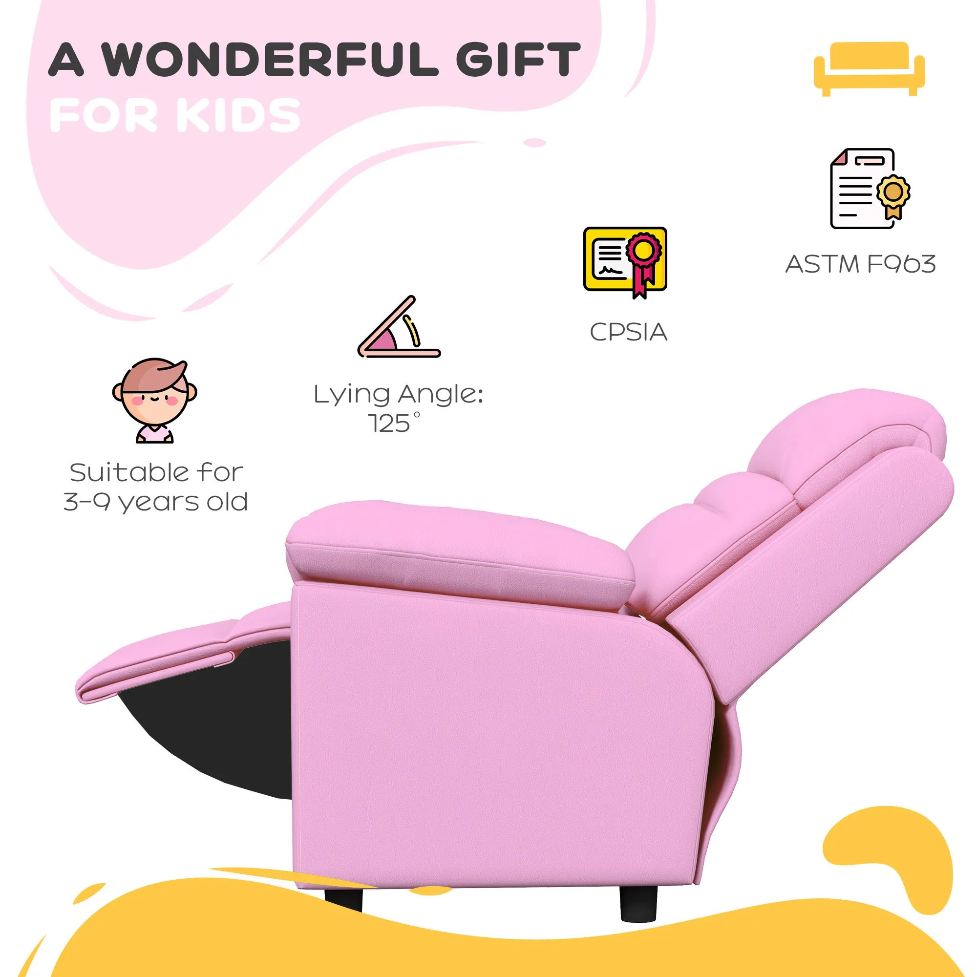 Kids Recliner Chair with Armrest, Footrest, Headrest, Pink