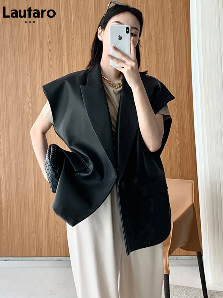 Lautaro-damska lekka miękka kamizelka ze sztucznej skóry, klapa, elegancka, luksusowa, designerska, kurtka bez rękawów, wiosna, moda jesienna, czarny