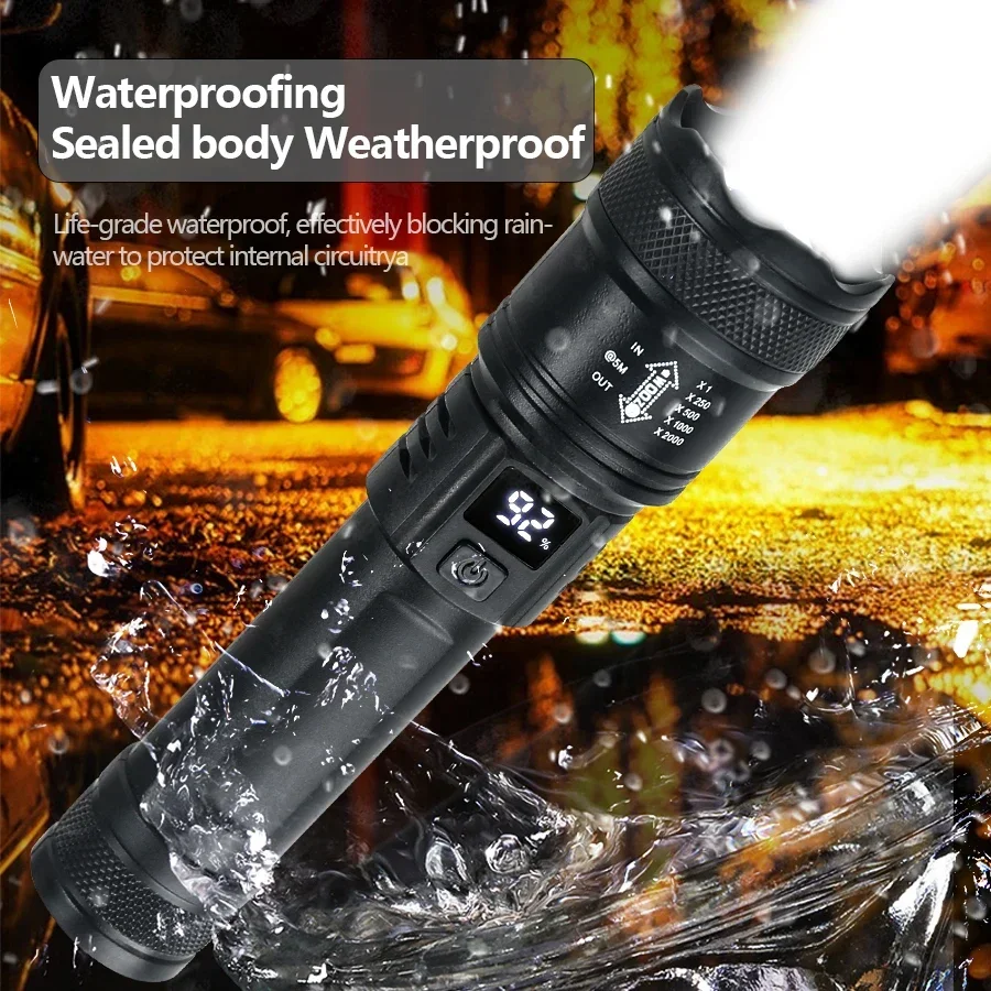 Potente linterna LED de 9900LM con pantalla de batería, luz recargable por USB, linterna con Zoom telescópico, linterna para acampar y pescar al aire libre
