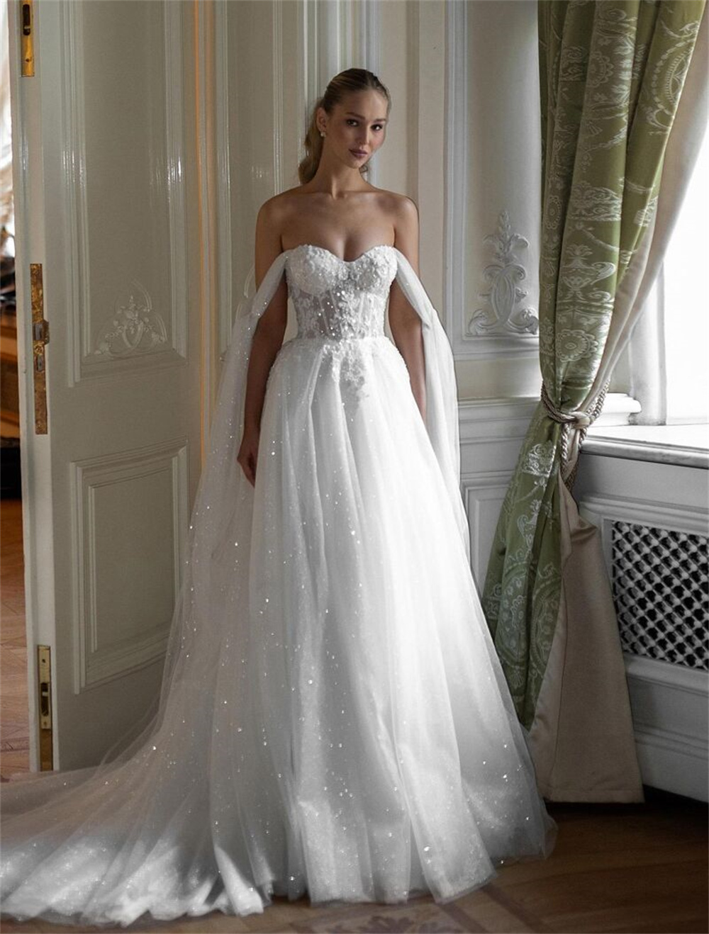 Charming Two Straps Sweetheart Lace Applique Shiny Bridal Grown A Line Wedding Dresses Custom Made Sweep Train 2026 Vestido