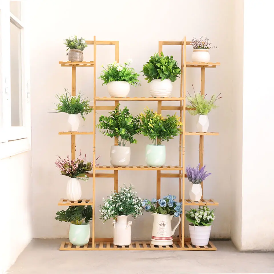 Scaffale angolare per piante in bambù di grandi dimensioni a 9 livelli, scaffale per vasi da fiori da giardino, per interni ed esterni