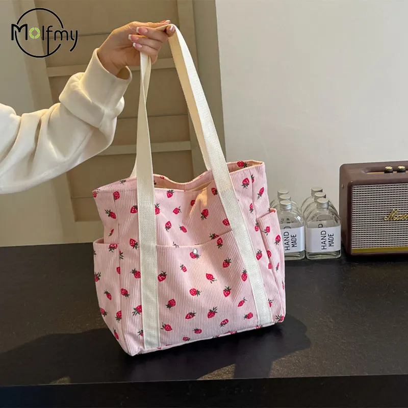 Aardbeien Corduroy Handtas Zoete Damestas Modieuze Veelzijdige Schoudertas Mooie Eenvoudige Commuter Dames Tote Bags