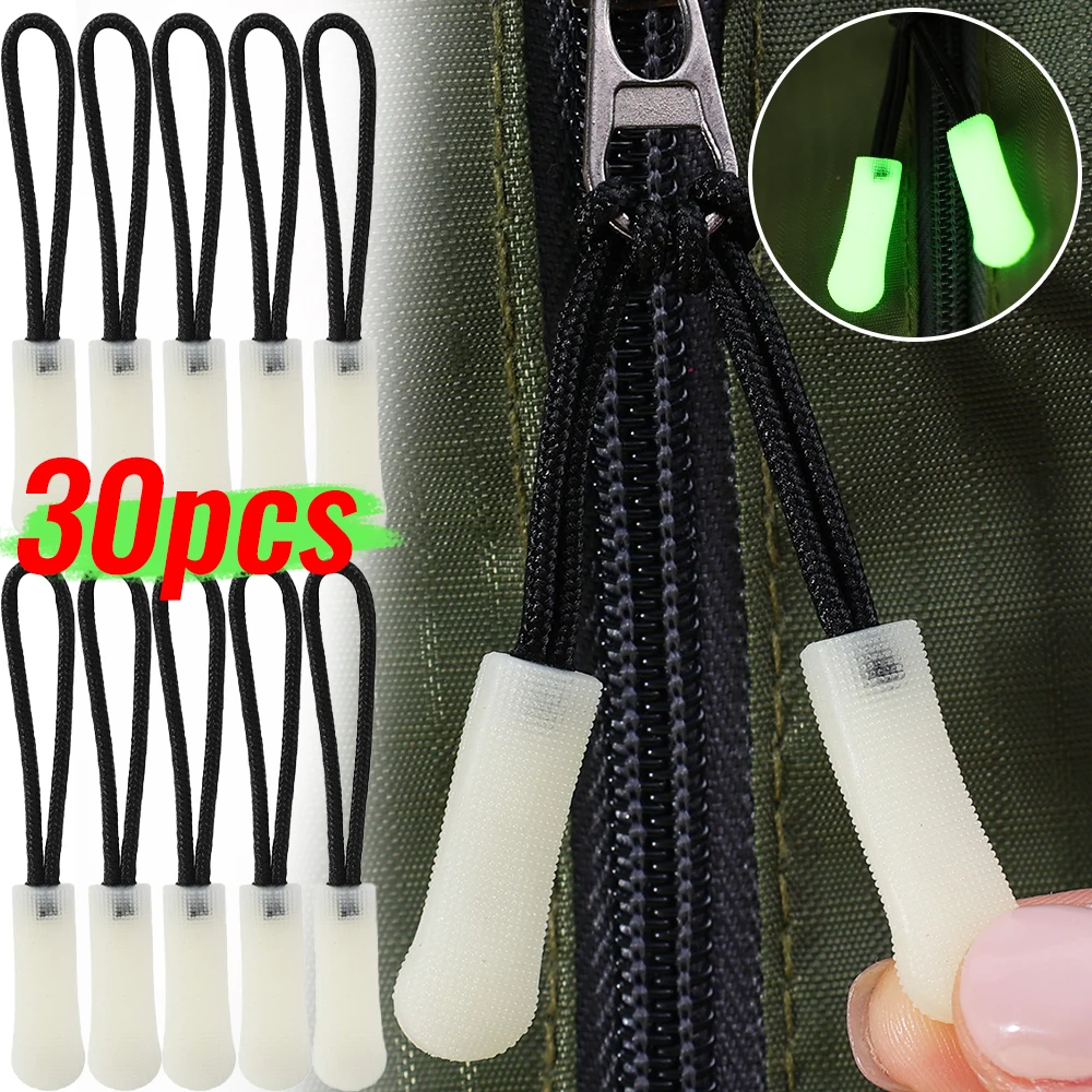 30-3 Uds. De cuerda luminosa para tirar con cremallera que brilla en la oscuridad, cabeza de cremallera, mochila antipérdida, ropa, chaquetas, deslizador, herramienta de costura de reparación DIY