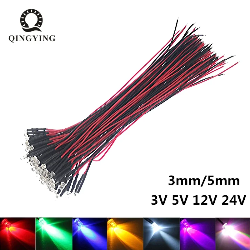 Bộ 50 3V 5V 12V 24V DC 3Mm 5Mm Nước Rõ Ràng Điốt LED Đỏ/Xanh Lá/Xanh Dương/Vàng/UV/Cam/Hồng/Ấm/Trắng/RGB Trước có Dây 20Cm
