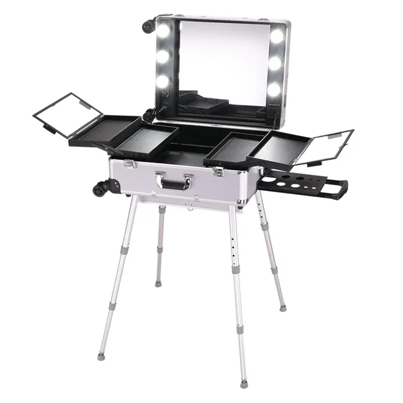 ใหม่ Professional Rolling เครื่องสําอางค์แต่งหน้าความงามรถเข็นกระเป๋าเดินทาง LED Light กระจกกระเป๋าเดินทางกรอบอลูมิเนียมพับตาราง