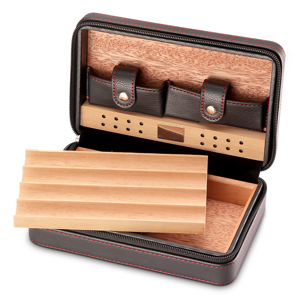Cedar Wood Cigar Humidor Box Travel With Humidifier Leather Cigar Case W/wo Lighter Cutter