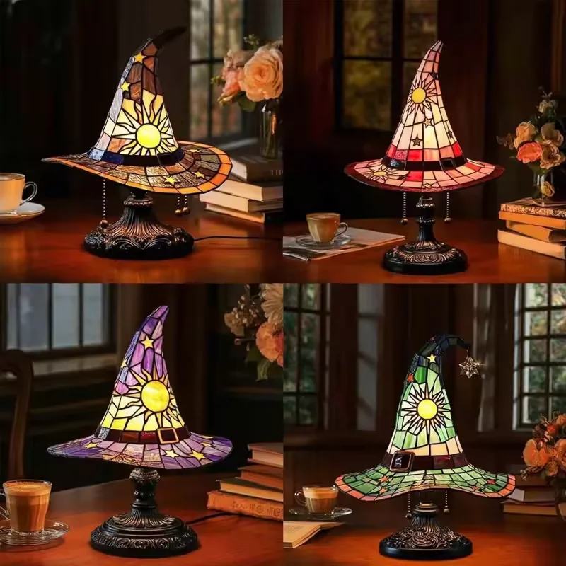Buntglas-Hexenhut-Lampe, LED, kreative Tischlampe, USB-betrieben, Nachttisch-Nachtlicht für Wohnzimmer, Zuhause, Bar, Schlafzimmer, Dekoration