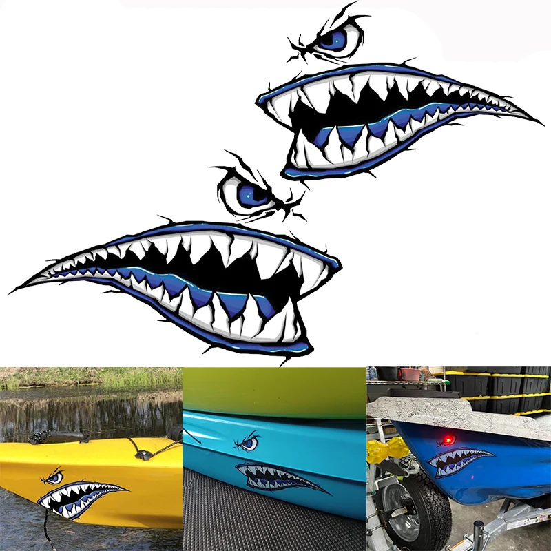 2PCS Hai Zähne Mund Boot Aufkleber Wasserdicht für DIY Kajak Fischerboot Kanu Auto Lkw Sonnencreme Modifikation Vinyl Aufkleber