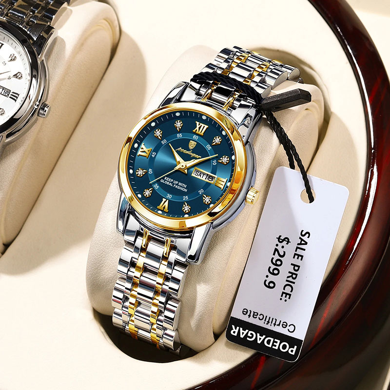 Relojes dorados para mujer, pulsera de acero inoxidable con diamantes de imitación de lujo, Relojes de pulsera de cuarzo para mujer, reloj luminoso resistente al agua con fecha
