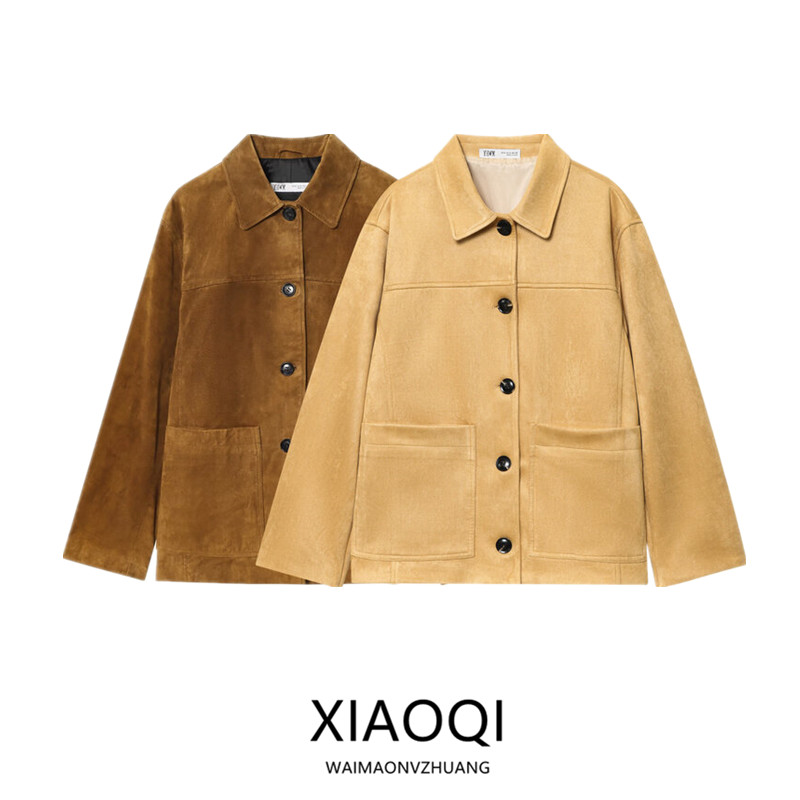 Jaqueta Fena de Couro Sintético com Manga Longa Solta, Nova Chegada de Outono, Estilo Versátil e Quente com Fechamento po...