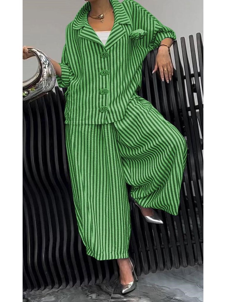 Conjuntos sueltos de pantalones de pierna ancha con solapa para mujer, trajes informales con estampado de rayas, trajes sencillos de oficina, primavera y otoño, 2 uds., 2024