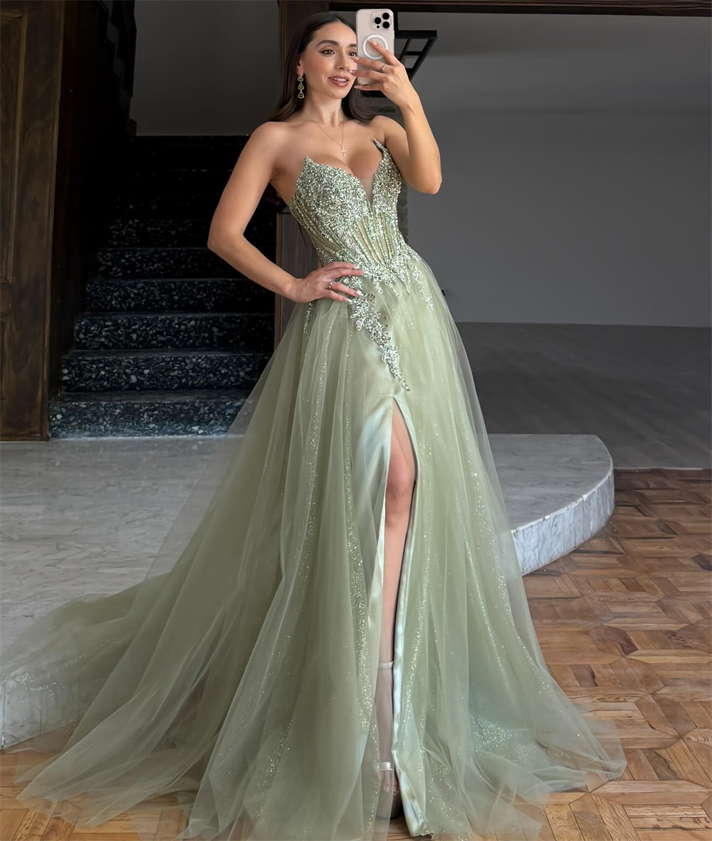 Cathy luz verde bordado com decote em v vestido de baile lado alta divisão tule vestidos de noiva personalizar a linha até o chão formatura
