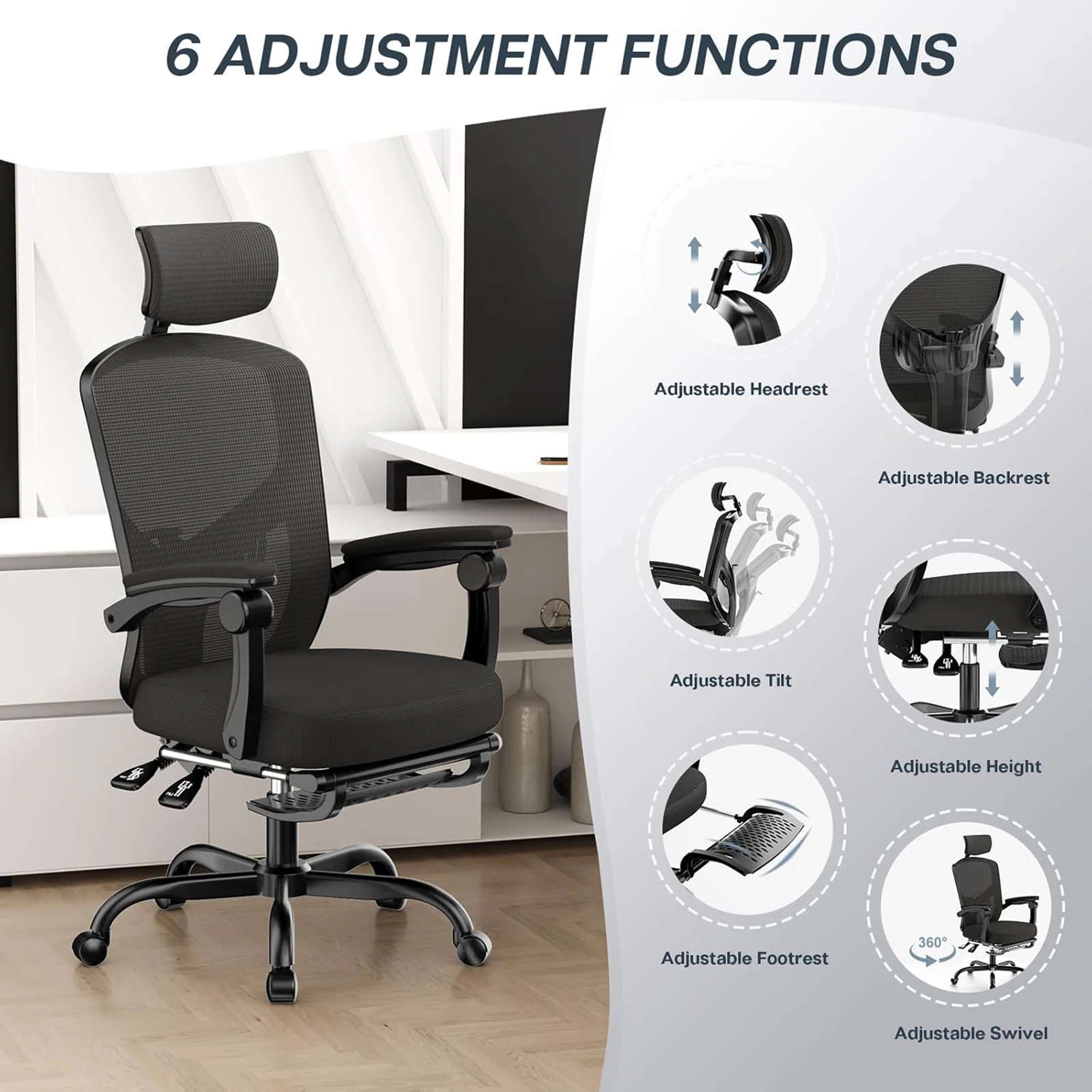 naspaluro Ergonomischer Bürostuhl mit Fußstütze, Schreibtischstuhl mit verstellbarer Kopfstütze, Lordosenstütze, Liegestuhl, Chefsessel