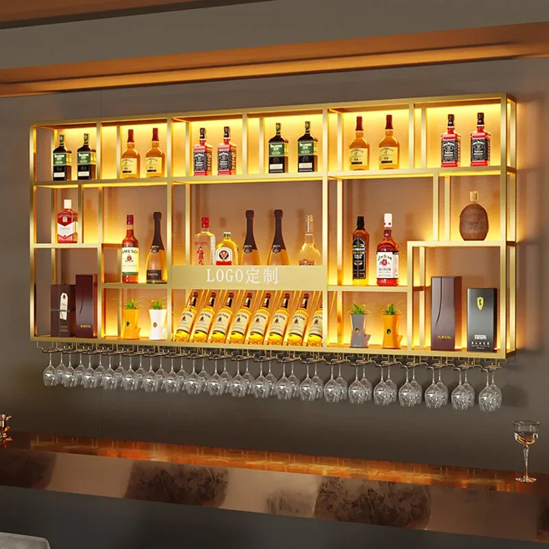 Retro Bar ตู้โมเดิร์นโลหะสไตล์อุตสาหกรรมบุฟเฟ่ต์เครื่องดื่มเก็บหรูหราติดผนังชั้นวางไวน์ทอง Wijnkast Club เฟอร์นิเจอร์
