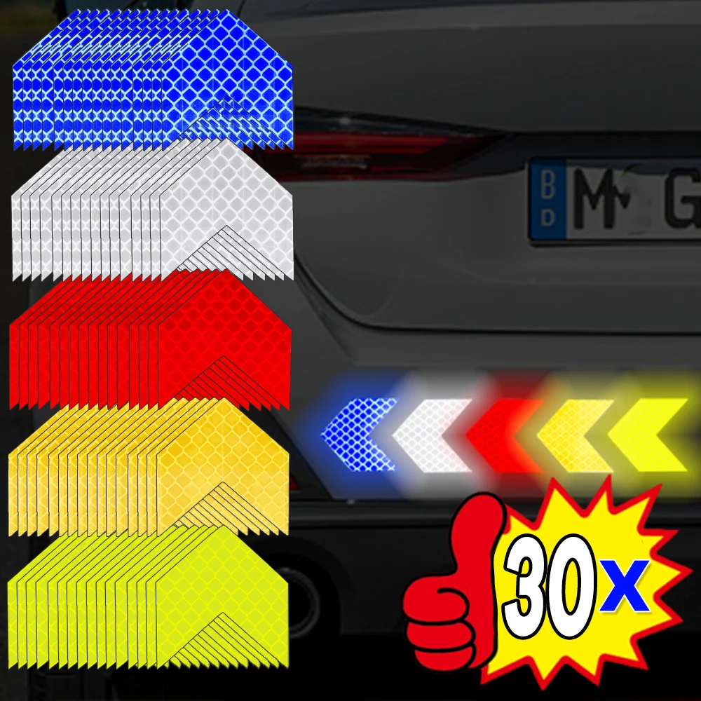 30/10pc Car Reflective Arrow Sticker Safety Warning Sticker for Car Bumper Trunk Reflector Hazard Tape Car Styling Luminous Film