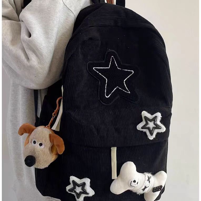 Mochila escolar de gran capacidad para estudiantes adolescentes Y2K, mochila para ordenador portátil con patrón de estrellas para niñas, mochila de pana, bolso de hombro con doble correa