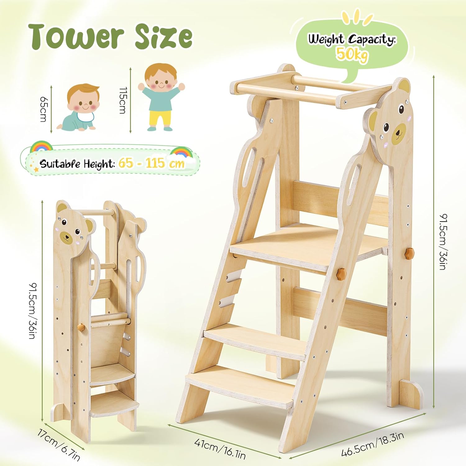 Plegable Montessori,Torre Aprendizaje Ajustable en Altura de 3 Niveles,Torre con Rieles de Seguridad para Niños de 1 a 6 años (C