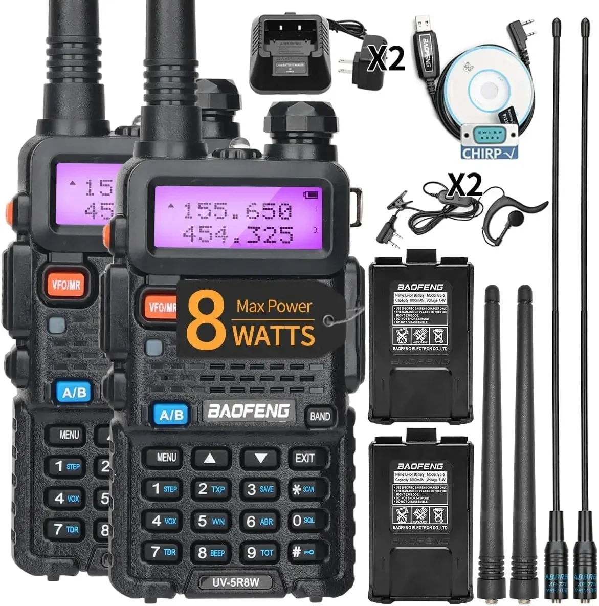 1/2 Uds BaoFeng UV-5R 8W Walkie Talkie de tres potencia de alta potencia banda Dual de largo alcance 128 CH portátil de mano UV 5R Ham Radio bidireccional