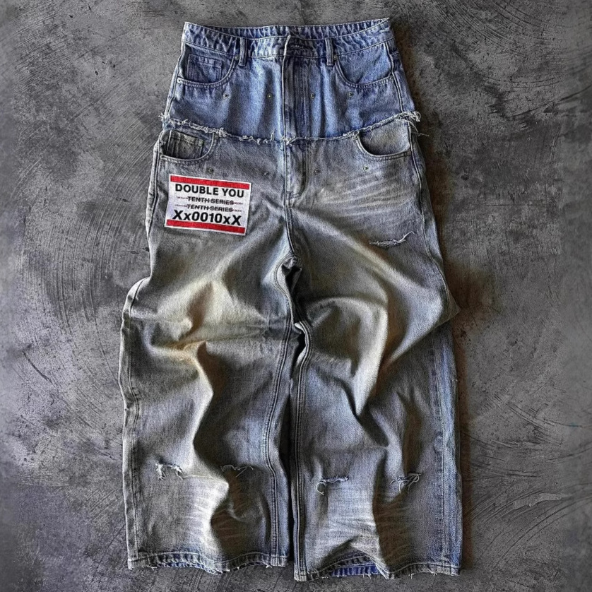 Уличные джинсы в стиле хип-хоп с буквенным принтом Мужские y2k Готический панк Harajuku рваные широкие брюки Ретро свободные прямые брюки с двойной талией