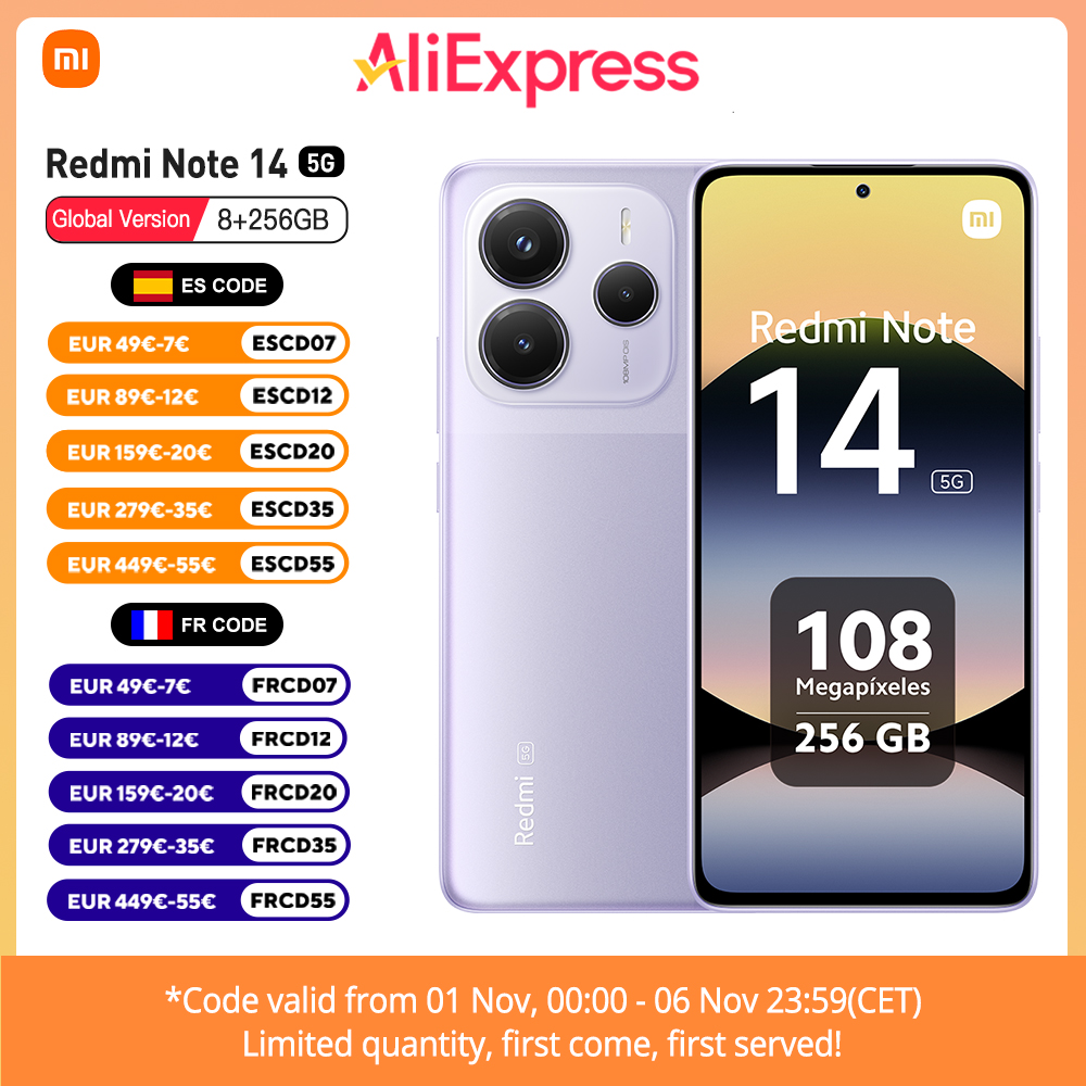 Xiaomi Redmi Note 14 5G Versão Europeia 8+256GB Dimensão 7025-Ultra AMOLED Display 6,67" 120Hz 108MP Câmara principal OIS 45W Carregamento, IP64, NFC