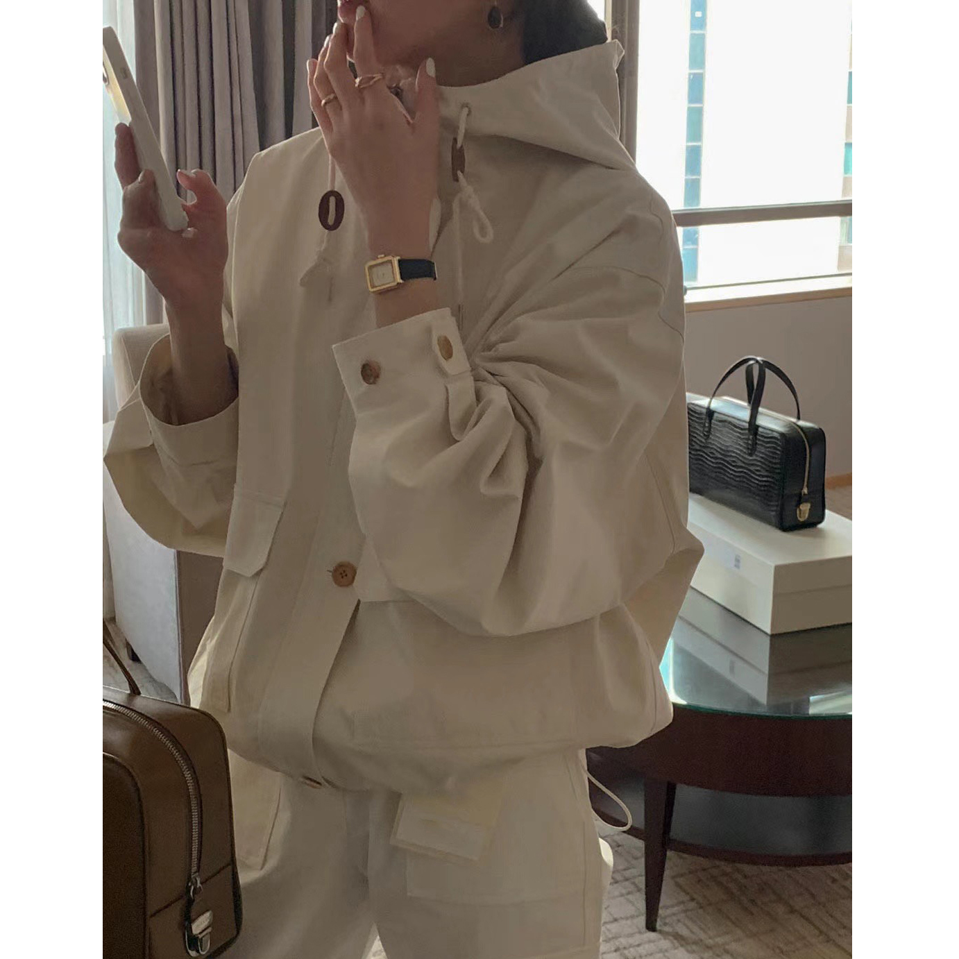 Hooded Windbreaker Jacket with Drawstring Utili Sle Pocket Long Sleeve Loose Fit Single Button Closure Solid Color Polyester