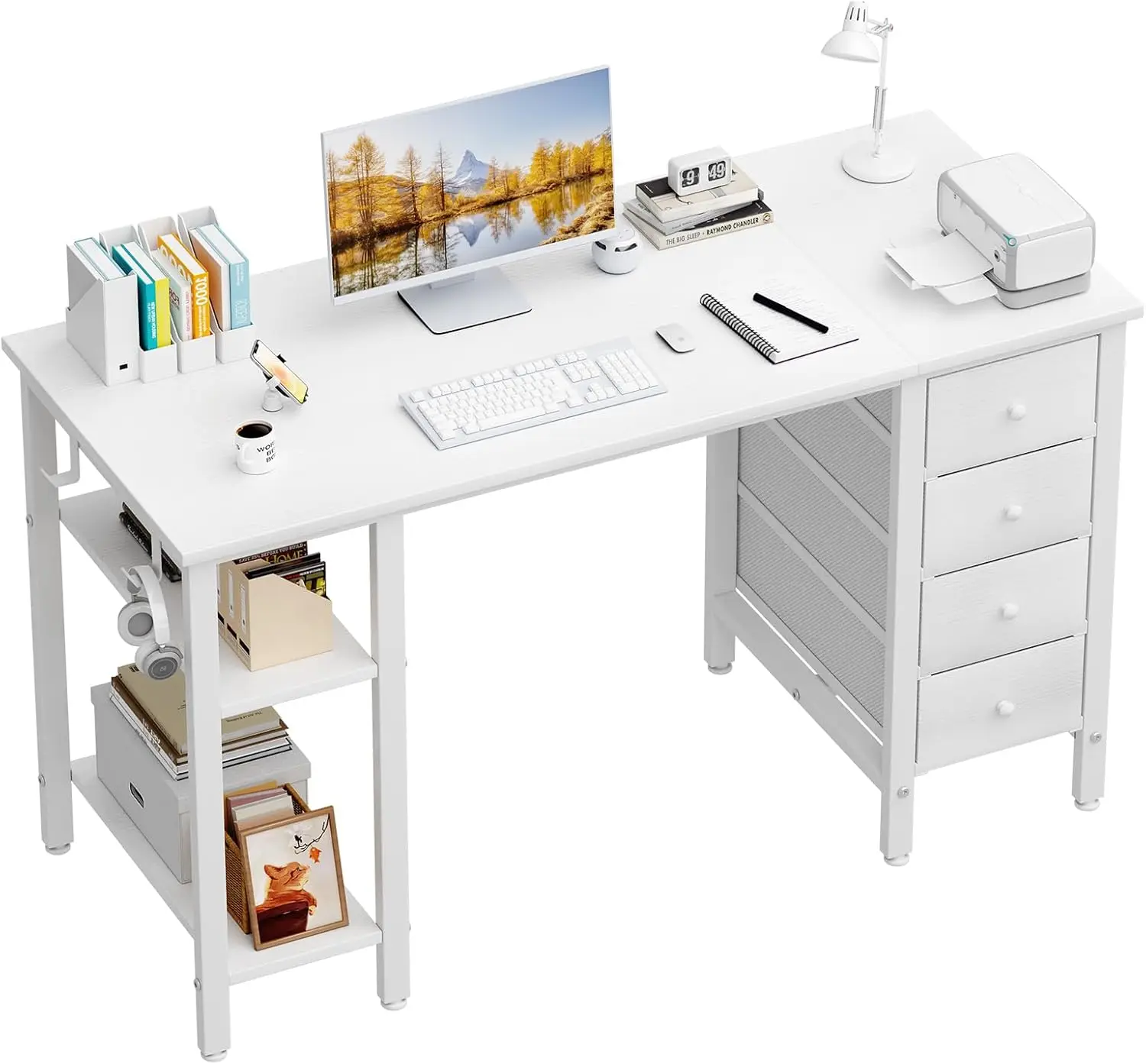 White Computer Desk with Drawers & Storage Shelves, 47 Inch Study Work Writing Desk for Home Office Bedroom, Simple Modern