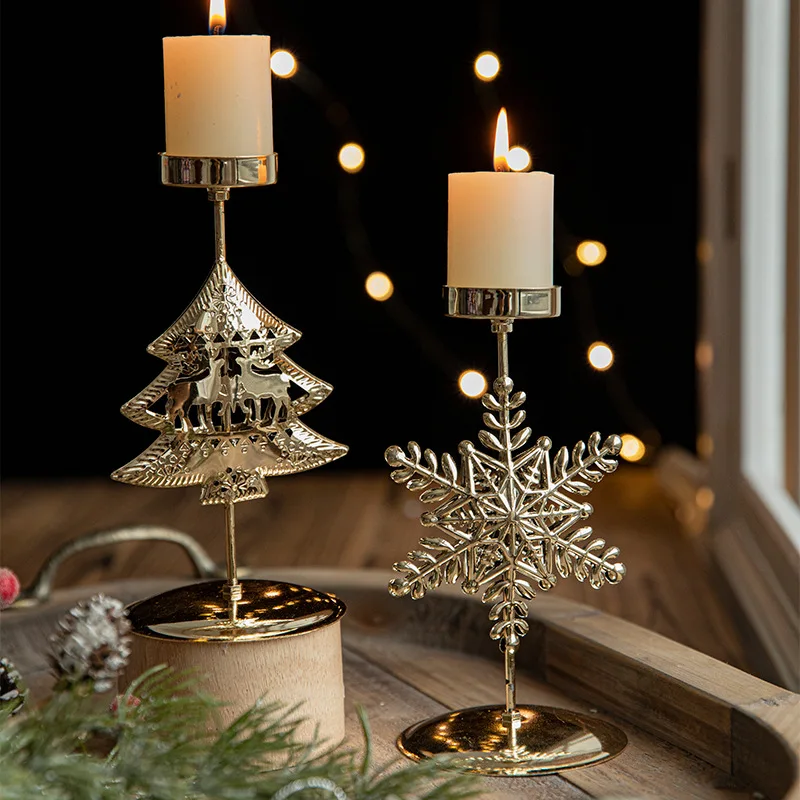 Candelabro de hierro forjado dorado de Navidad, portavelas de árbol de Navidad de alce y estrella, decoración de mesa de Feliz Navidad y Año Nuevo