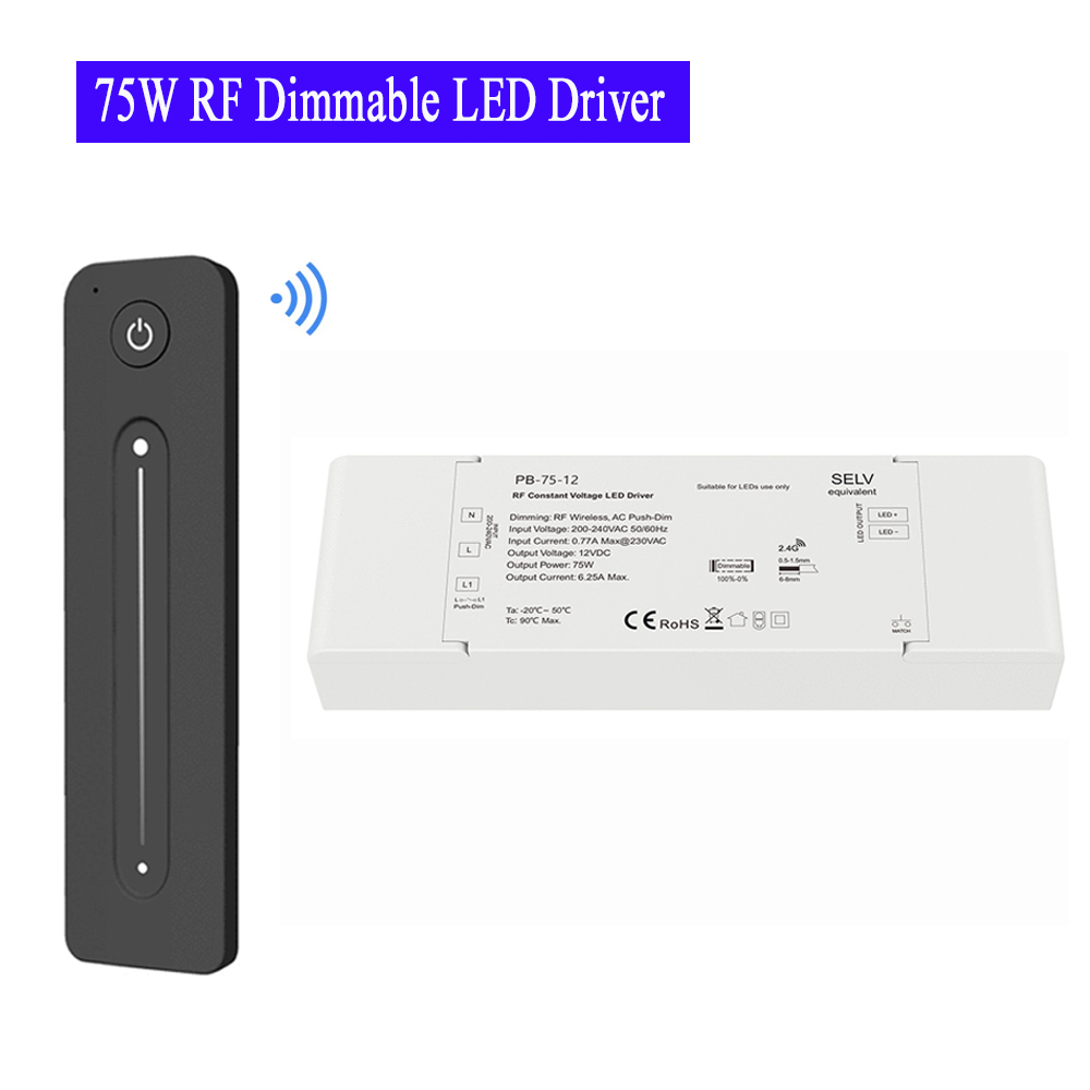 75 W dimmbarer LED-Treiber, Fade-Modus, DC 12 V, 24 V, konstante Spannungsversorgung, Stromversorgung mit AC-Push-Dimmung, RF 2,4 G, Fernbedienung, Dimmen