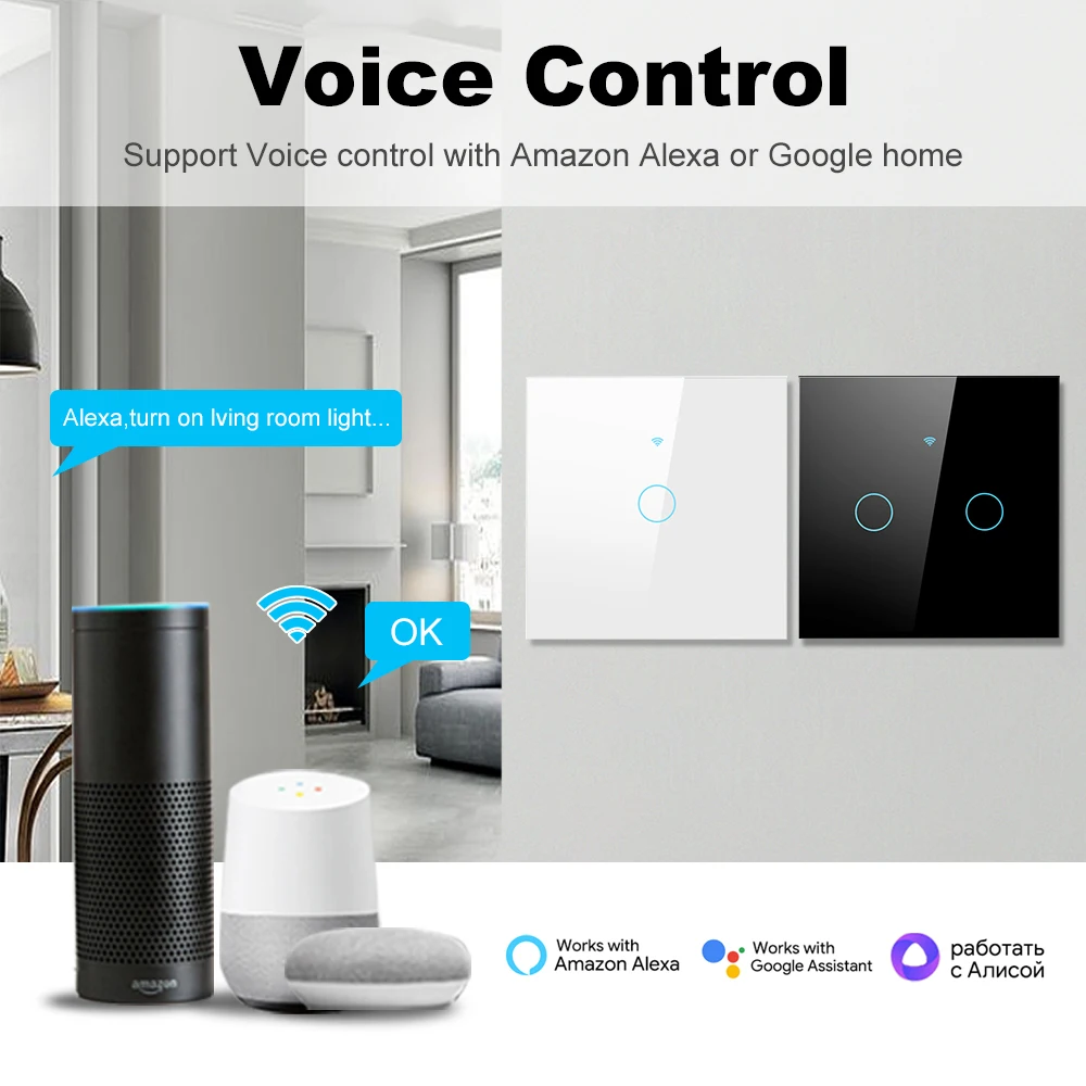 Tuya Smart Wifi EU Wall Glass Touch Switch No Neutral Wires Wireless Remote Control Light Switch 1-4ang dla Alexa Google Home