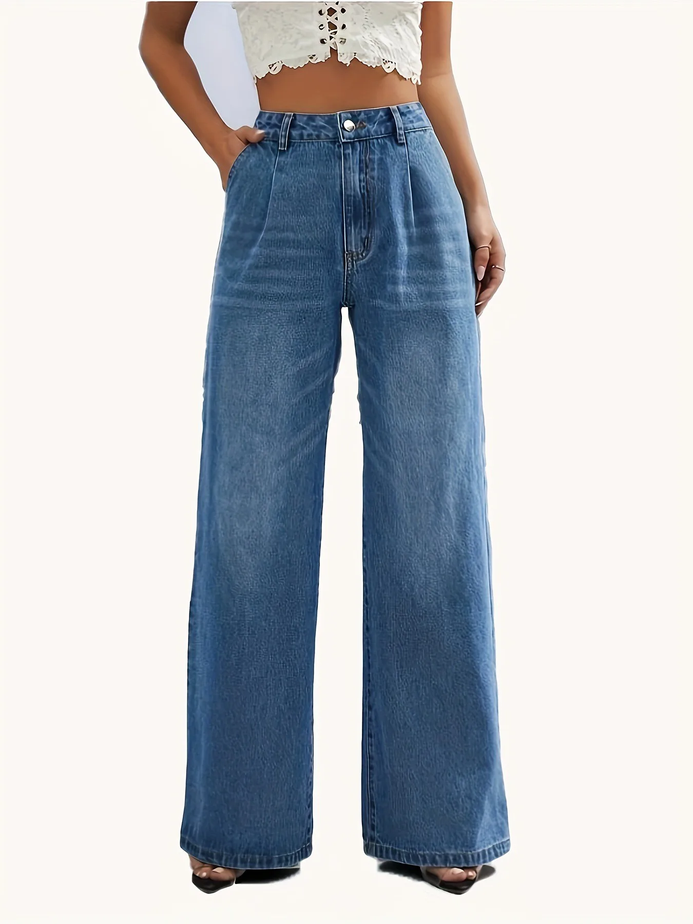 Novo estilo europeu e americano transfronteiriço feminino cor sólida jeans feminino em linha reta calças de perna larga casual all-match