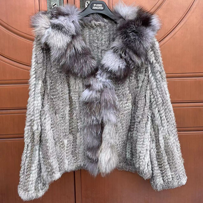 Manteau tricoté en vraie fourrure de lapin pour femme, avec col en vraie fourrure de renard, manches longues, luxe, veste en fourrure de lapin véritable, nouvelle collection automne 2023