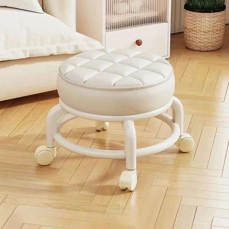 Sgabello con rotelle in pelle PU con ruote - Ottomano portatile rotondo resistente all'umidità, cuscino del sedile ispessito, sgabello a basso profilo per Vani