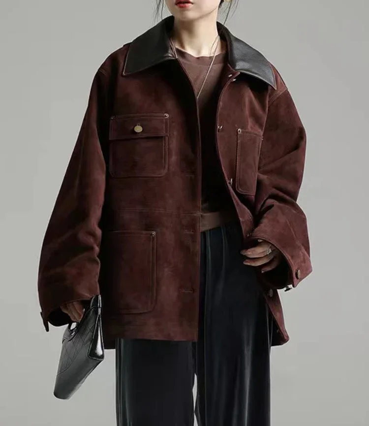Retro-Umlegekragen, Schaf-Wildleder-Lederjacken für Damen, 2024, trendiges weiches Kinder-Wildleder, mittellang, Outwears, weiblicher Trenchcoat
