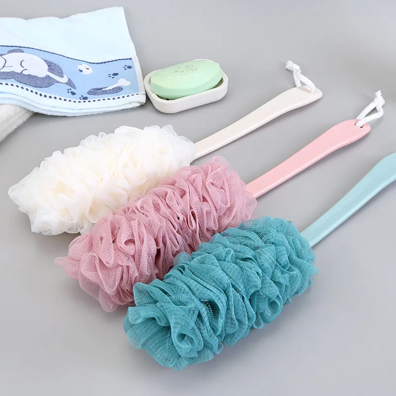 Cepillos de fregado de ducha para el baño, esponjas traseras de malla suave con mango largo colgante, accesorios de limpieza corporal, nuevo