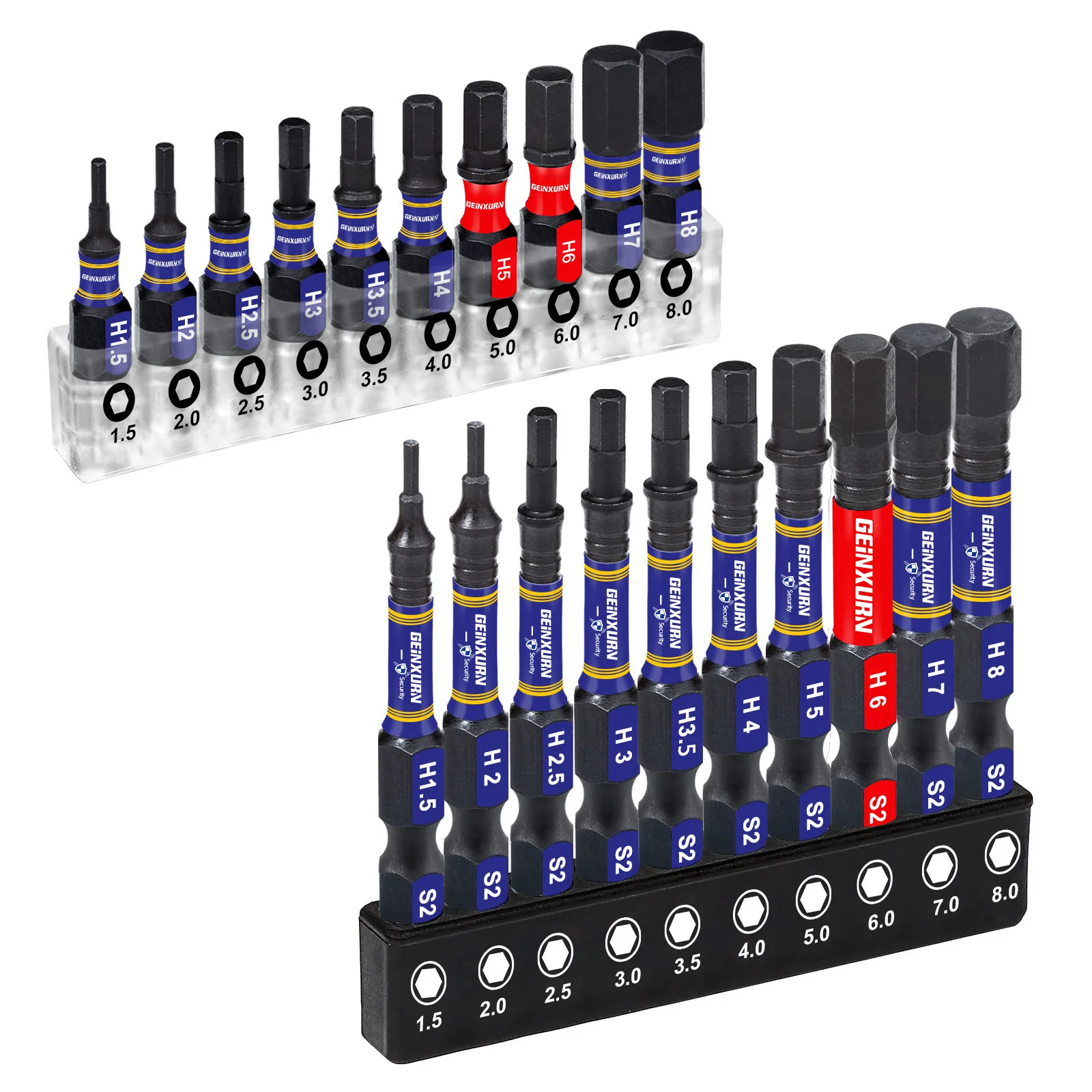 GEINXURN Juego de puntas magnéticas resistentes a impactos con cabeza hexagonal métrica de 1 pulgada/2 pulgadas, juego de puntas de destornillador hexagonal de acero S2 con base