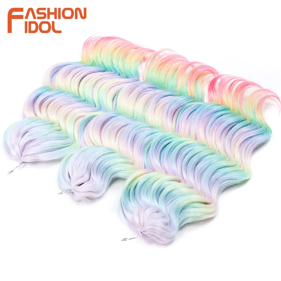 FASHION IDOL 16 Inch 3PCS Deep Wavy Twist Crochet Hair Synthetic Curly Hair Crochet Braids Ombre Rainbow Braiding Hair Extension
