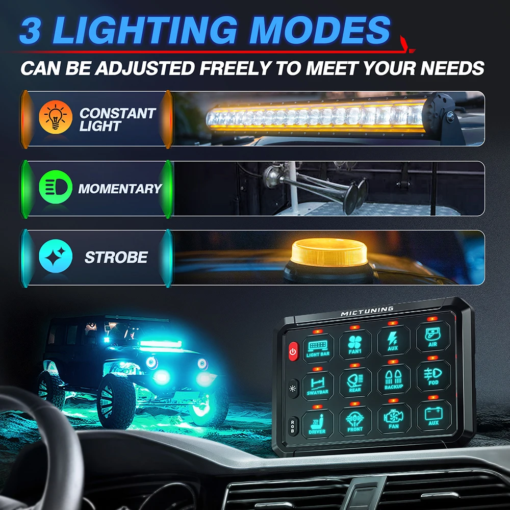 Mictuning-Panel de interruptor RGB de 8/12 entradas, barra de luz Led de trabajo, controlador de caja de interruptores para coches universales, camiones, barcos, UTV, 4X4, 4WD