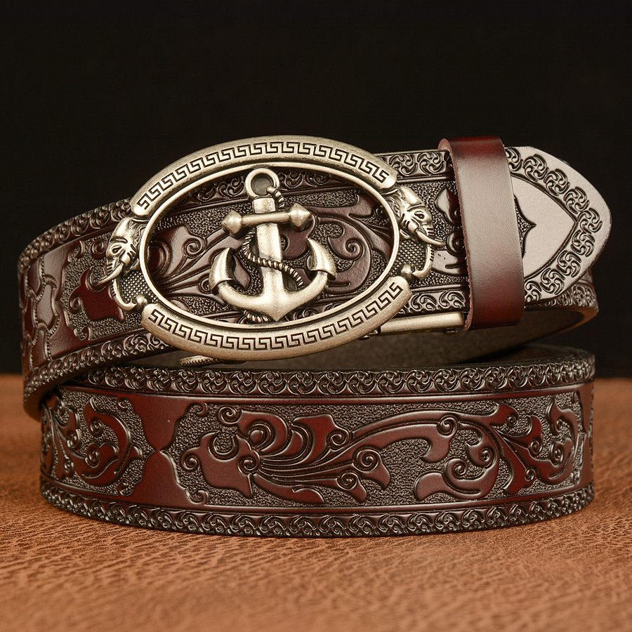 SupSindy Cinturón de cuero genuino para hombre, cinturones de piel de vaca con hebilla automática de Metal con ancla dorada de lujo para hombre, cinturón vaquero para hombre, correa negra