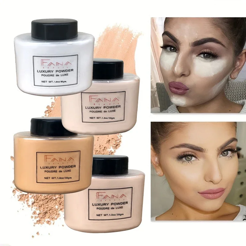 Polvo de lujo de 4 colores para mujer, base facial, botella de polvo de plátano, polvo suelto, herramientas de arte de maquillaje de belleza con Control de aceite auténtico