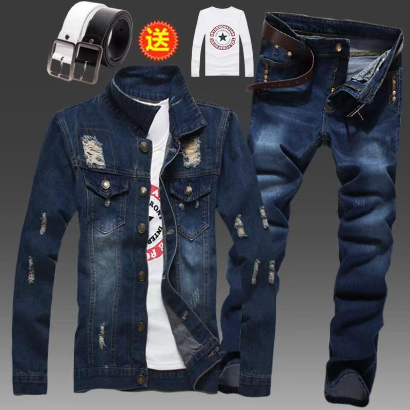 Męska kurtka dżinsowa Slim Fit Spodnie 2-częściowy zestaw Płaszcze z długim rękawem Nadrukowane litery Casual Duży rozmiar Czarny Biały Czerwony Spodnie chłopięce