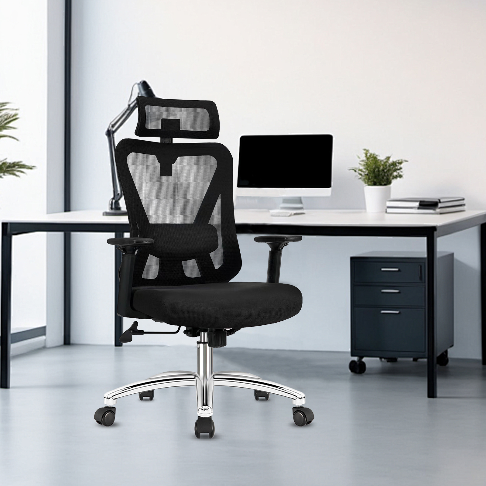 Durrafy Ergonomischer Bürostuhl, PC-Gaming-Stuhl, Büroschreibtischstuhl mit Kopfstütze, Armlehne, Lordosenstütze, Neigungs- und Schaukelfunktion