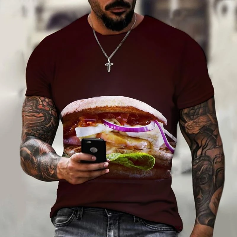 Kaus pria musim panas baru 2023 Hamburger bir ayam goreng 3D dicetak leher bulat kualitas tinggi pakaian mode Jalan