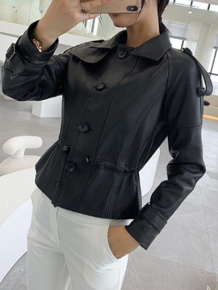 Senhoras do escritório jaqueta de couro genuíno cintura ajustável fino ajuste pele carneiro curto casaco feminino único breasted punk biker outerwear