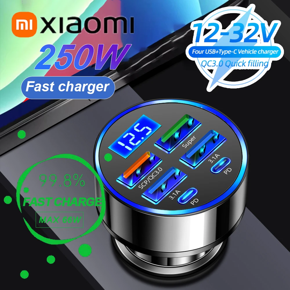 Xiaomi-cargador de coche QC3.0 de 250W, carga rápida 6 en 1, enchufe para encendedor de cigarrillos de coche, cargador de coche de 5 puertos, carga Flash con pantalla Digital
