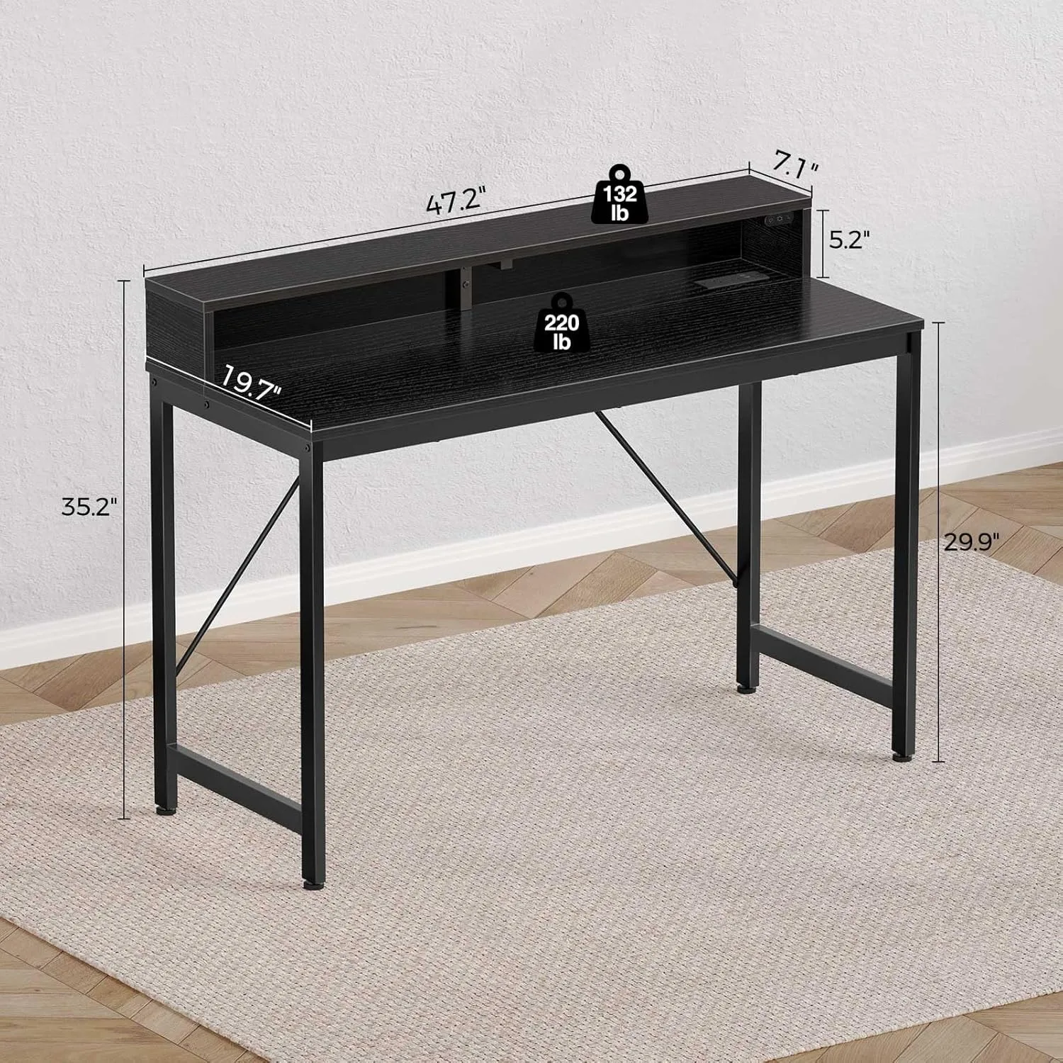 Computer Desk 47 inch with LED Lights & Power Outlets, Home Office Desk with Monitor Shelf, Gaming Desk, Writing Desk