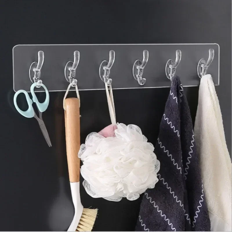 6Row Multipurpose Hooks Nail-free Transparent Holder Strong Self Adhesive Wall Hook Kitchen Bathroom Traceless Hanger Stickers