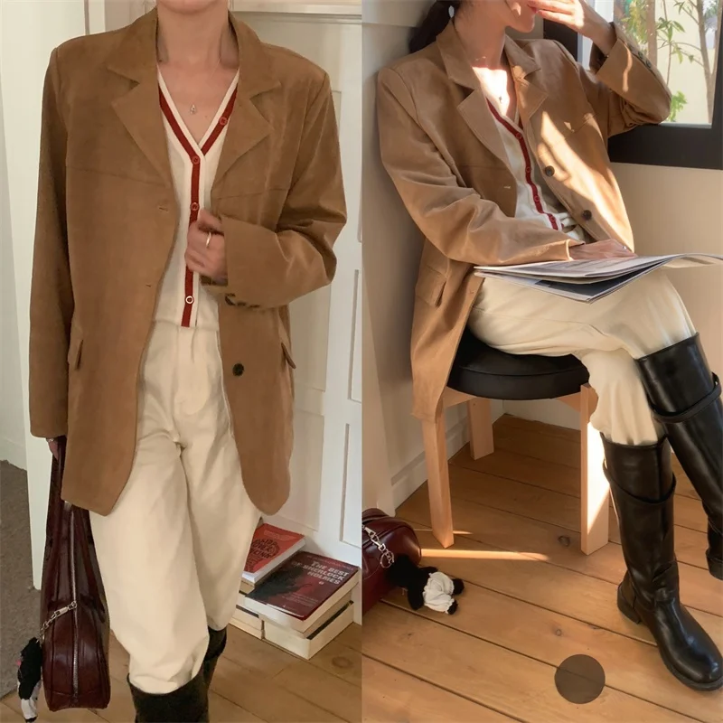 Jaqueta de Couro Casual Fena Estilo Coreano Retrô, Solta, com Padrão Xadrez, Manga Longa, Fechamento com Um Botão